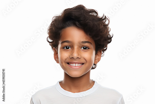 Smiley face of cute indian little boy on white background. photo