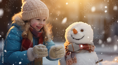 children building a snowman in the snow