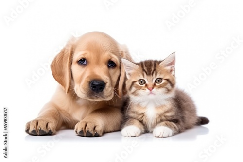 Nice Golden retriever puppy and kitten together. Isolated on white background. Ai generative