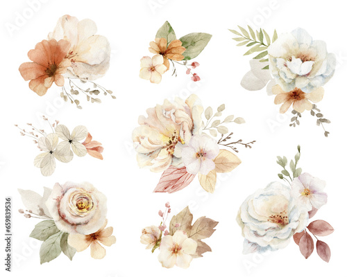 Autumn set of hand painted watercolor bouquets. Trendy blush pink, peach, golden, cream, beige, brown flowers. Composition for greeting cards, wedding invitations and decorations.