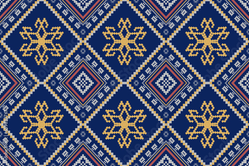 Indigo navy blue geometric traditional ethnic pattern Ikat seamless pattern border abstract design for fabric print cloth dress carpet curtains and sarong Aztec African Indian Indonesian