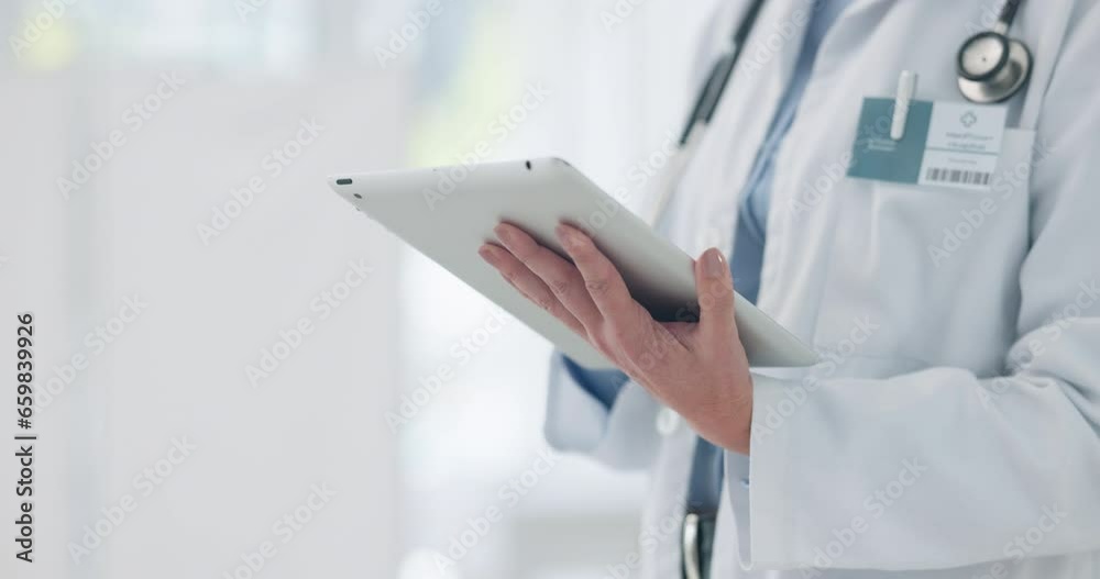 Hands, tablet or doctor with research results on online website for medicine info or evaluation. Woman, news or medical healthcare professional with technology to scroll for telehealth in hospital