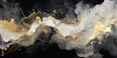 Abstract marble marbled ink painted painting texture luxury background banner - Black gray swirls gold painted splashes