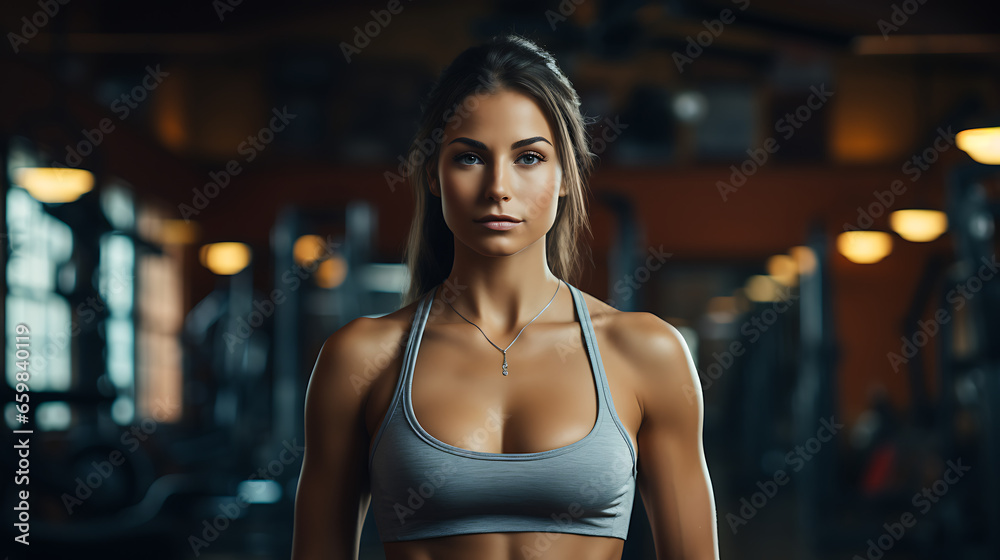 Attractive Fit Woman in Gym Wide Shot