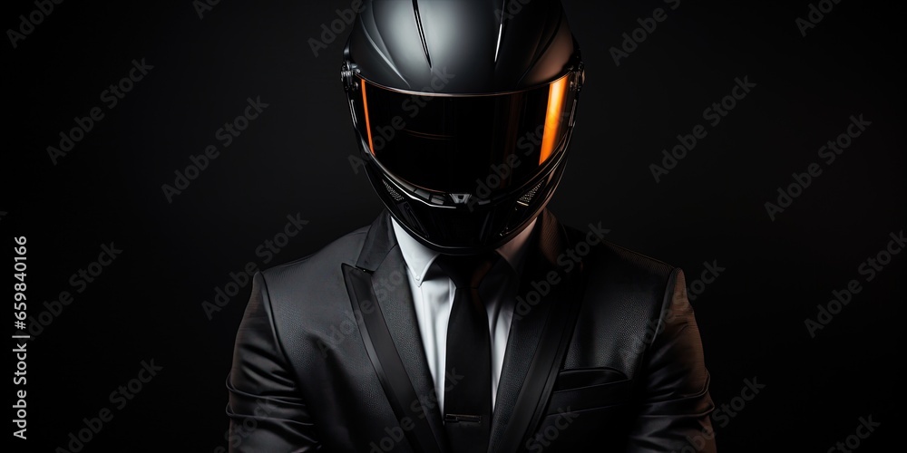 Biker in suit and helmet on the dark background.