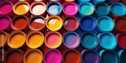 Banner of colorful paint cans or tins for home decoration photo