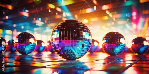 Brightly colored mirror disco ball background. Nightclub party poster