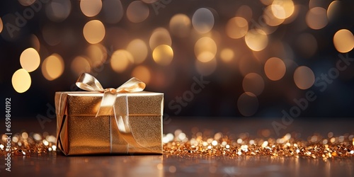 Christmas xmas or celebration holiday festive greeting card - Closeup of gift present and stars, defocused background with bokeh lights