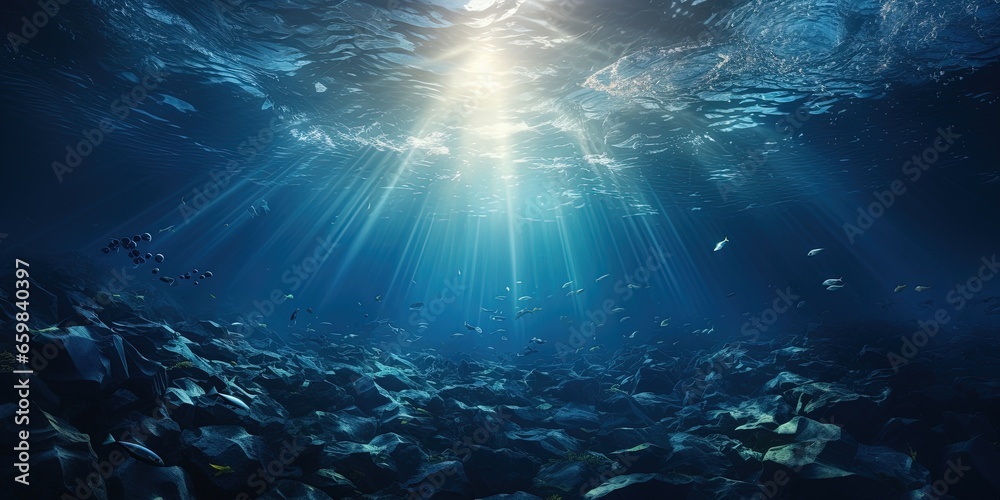 Fototapeta premium Dark blue water of a deep ocean with sun rays reaching the rocky seabed. Beautiful underwater landscape.