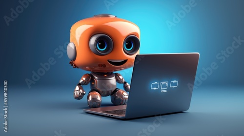Close up isolated 3D friendly orange cartoon baby chatbot robot with laptop on neutral background helping children with e-learning using laptop or computer digital technology youth digital generation