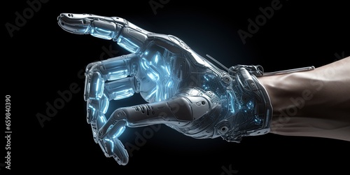 Cyborg futuristic hand. Robot hand finger making contact or pressing something on dark isolated background. Cyborg mechanical arm pointing. artificial Intelligence futuristic