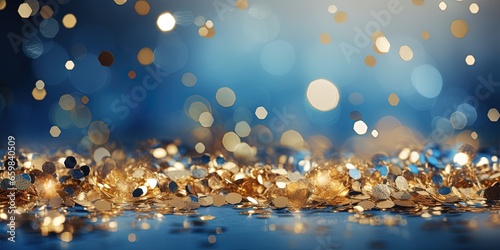 Festive celebration holiday christmas, new year, new year's eve background banner template - Abstract gold blue glitter sequins bokeh lights texture, de - focused