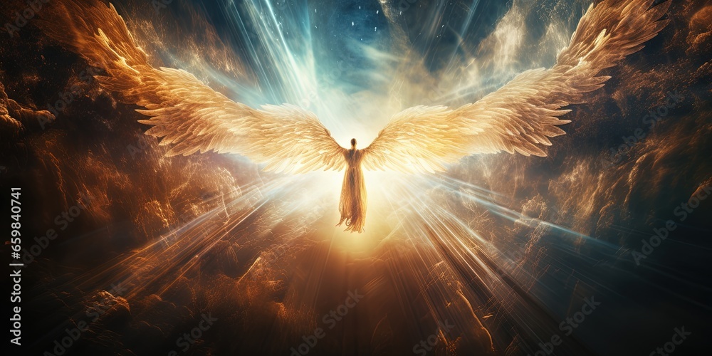 .Glowing light flying angel in heaven. Religion spiritual faith mythology vibe - obrazy, fototapety, plakaty 