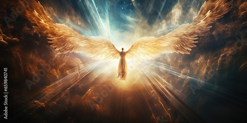 Foto .Glowing light flying angel in heaven. Religion spiritual faith mythology vibe
