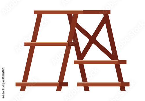 Wood household steps isolated on white background. Small brown stepladder and folding ladder. Object for climbing to top. Interior household equipment standing on tools for home or office library