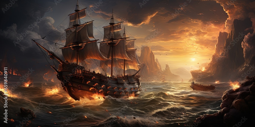 Obraz premium Intense naval battle scene between rival pirate ships, with cannons firing, sails billowing, and pirates swinging from ropes in a clash for supremacy