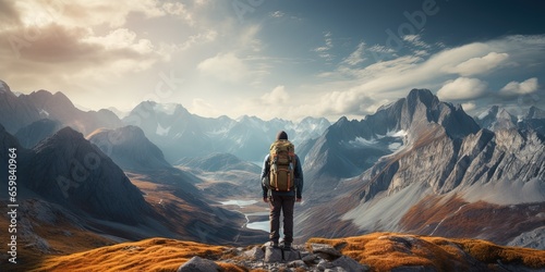 Men with backpack standing on the top of mountain and enjoying the view. Travel concept. Achieving your dreams.