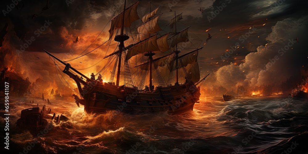 Naklejka premium Pirate ship in a ferocious sea battle
