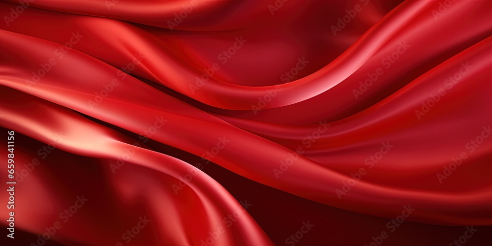 Red shiny satin silk swirl wave background banner - Abstract textile fabric material, backdrop texture for product display or text - obrazy, fototapety, plakaty 