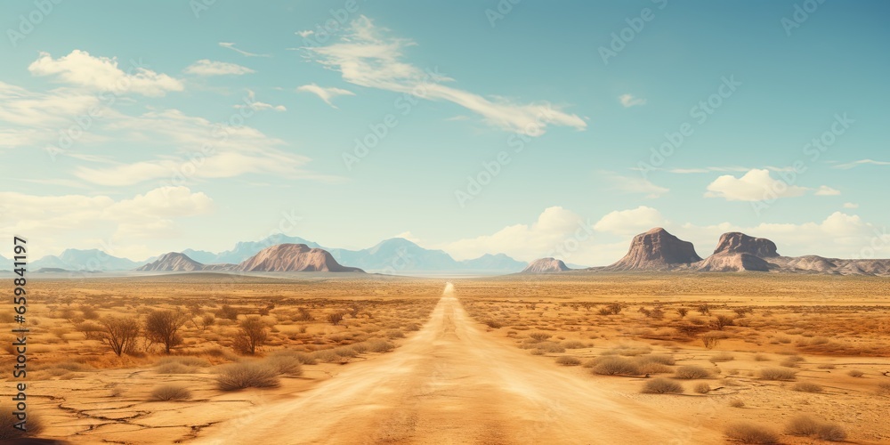 Sand desert hot dirty road path. Outdoor arizona western nature landscape background. Road trip travel adventure explore vibe - obrazy, fototapety, plakaty 