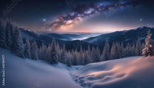 Snowy Mountain Ridge Christmas Winter Night © Abood
