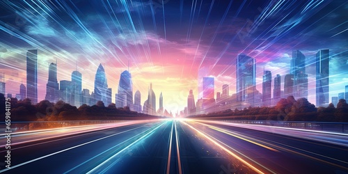 Road in city with skyscrapers and car traffic light trails. banner of infrastructure and transportation