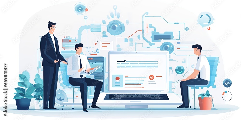 Fototapeta premium White robot working with laptop, looking at businessman standing near exit door in modern white office background.