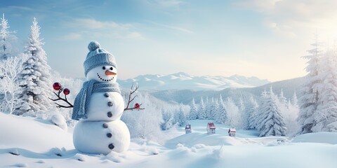 Winter holiday christmas background banner - Closeup of cute funny laughing snowman with wool hat and scarf, on snowy snow snowscape landscape in the forest with fir trees