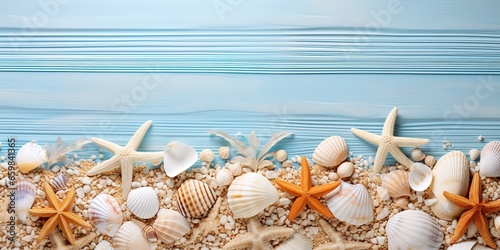 Summer vacation background greeting card - Frame made of various seashells, starfish and sand on white wooden table, top view