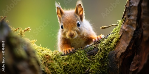 Wildlife animal photography background - Sweet young red squirrel( sciurus vulgaris) baby on a mossy tree trunk in forest © Svitlana