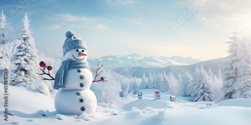 Winter holiday christmas background banner - Closeup of cute funny laughing snowman with wool hat and scarf, on snowy snow snowscape landscape in the forest with fir trees © Svitlana