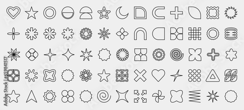 Set of outline abstract geometric shapes and forms. Brutal contemporary figures, stars, flowers and other primitive elements. Trendy Y2K signs and symbols.