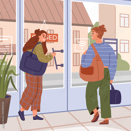 Two women talking and having discussion standing outdoors. Interlocutors communicate in hall. Happy female characters walking, talking. Girls friends chatting, going together in store or public place