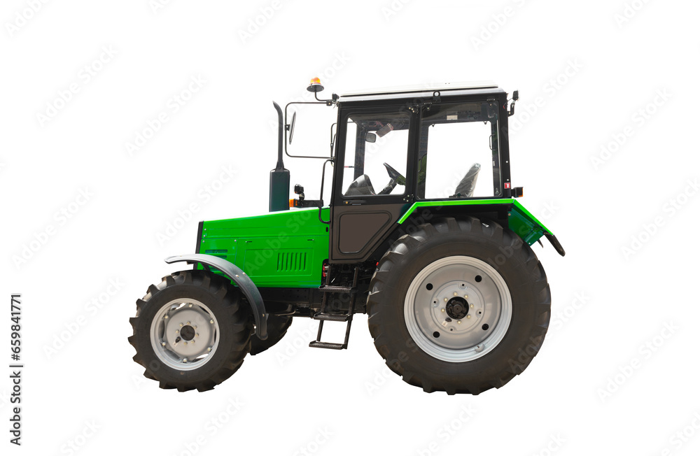 Fototapeta premium Green brand new tractor isolated over white background. Side view