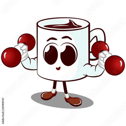 vector mascot character of a cute mug with big arms doing a workout lifting a barbell