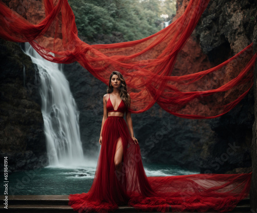 Female model standing in the forest in front of the waterfall with a red dress