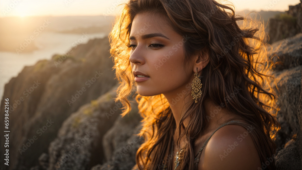 A female model standing on a rock by the sea A female model standing on a rock by the sea