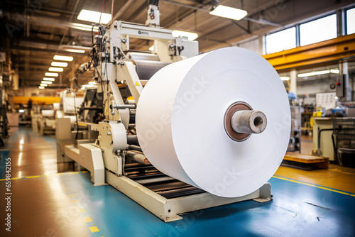 Large rolls of thermal paper produced in a mill factory, manufacturer with industrial slitting machine photo