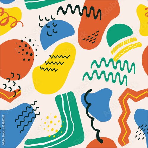 Creative minimalist art set with different shapes and textures Hand drawn various wavy brutal naive squiggles and doodle objects. Floral and botanical colored icon
