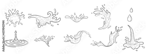 Water and juice splash liquide. Black doodle line. A spill shape, compelling composition arising from moment of disruption A water splash, dynamic display of aquatic motion Fresh juice splashed