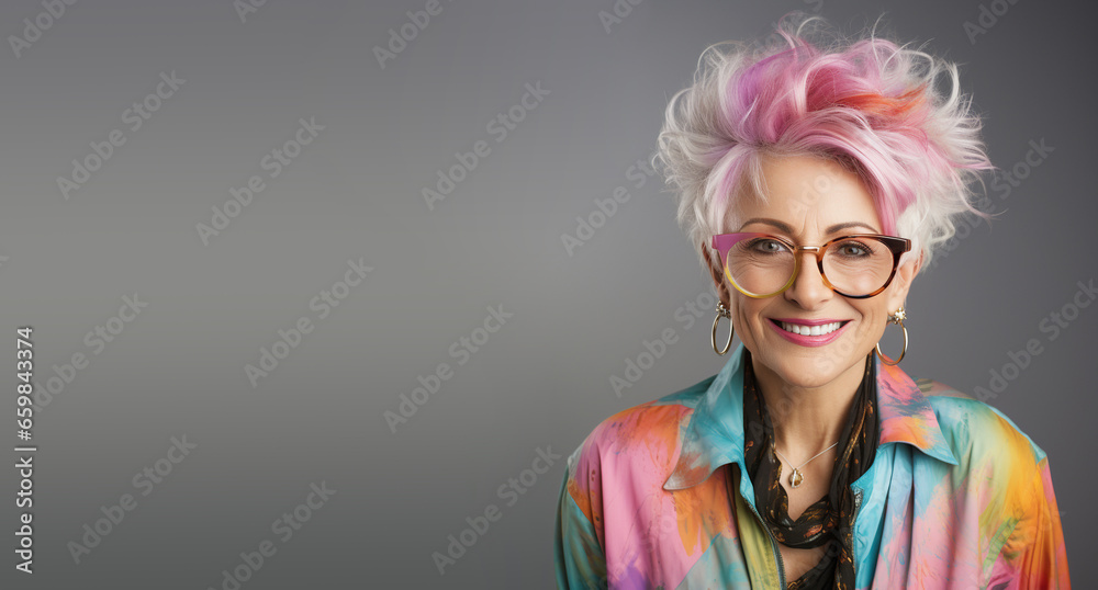 Portrait of a happy senior woman with pink colored hair and eyeglasses, smiling face, pensioner with colorful clothes
