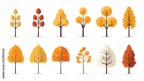 autumn trees, set of vector illustrations of cute trees and shrubs: Different trees in autumn colors, different shapes of trees in autumn colors. Design elements. Isolated on white background.