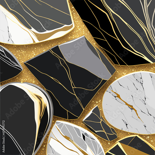 Marble stones with gold on shiny gold background with glitter texture. Vector illustration. (ID: 659843712)