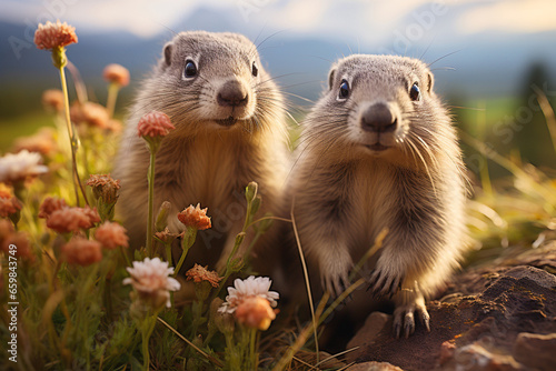 Curious marmots on a meadow with flowers in the mountains, animals in nature, wildlife photo