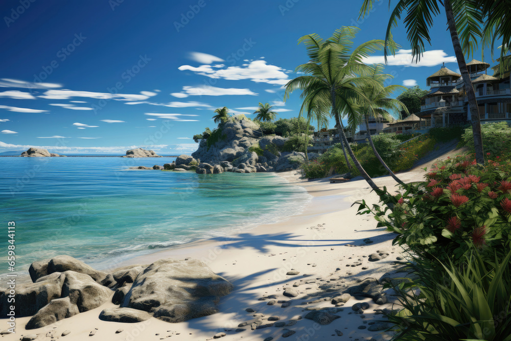 Fototapeta premium Oceanfront with palm trees and white sand on the shore. Tropical summer holidays and vacations