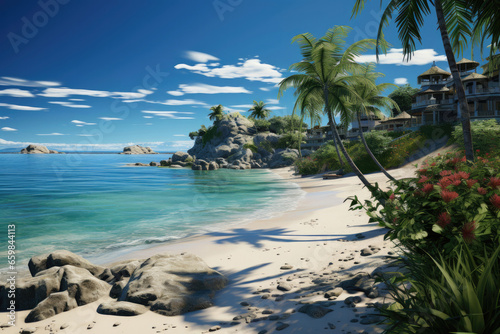 Oceanfront with palm trees and white sand on the shore. Tropical summer holidays and vacations