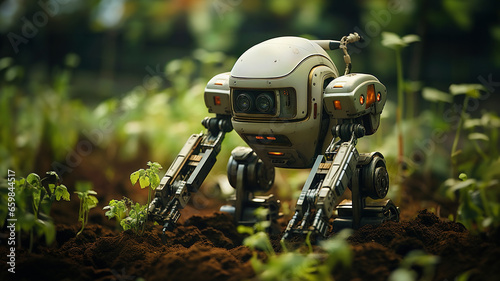 Future robot farmer cultivated vegetable at organic garden.  © mitarart