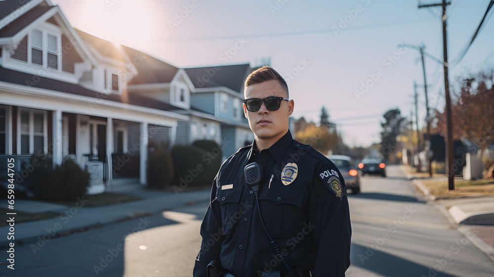 Photograph a police officer patrolling a community, symbolizing their commitment to maintaining law and order. Showcase the bond between an officer and the community they serve.