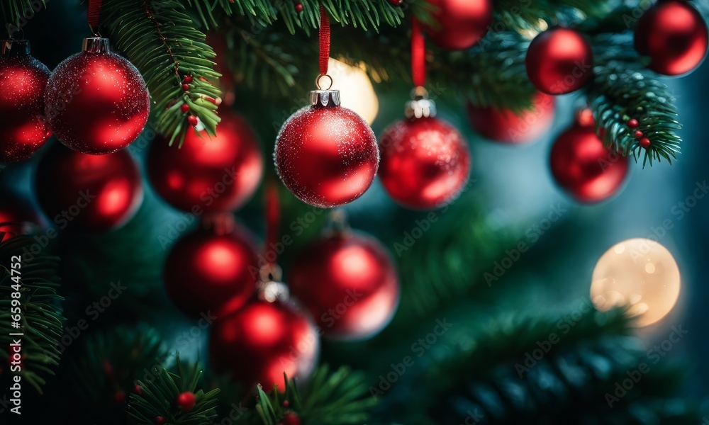 Obraz premium Christmas tree banches and red berries background, Generative AI