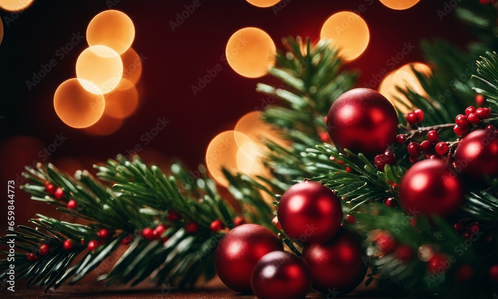 Christmas tree banches and red berries background, Generative AI